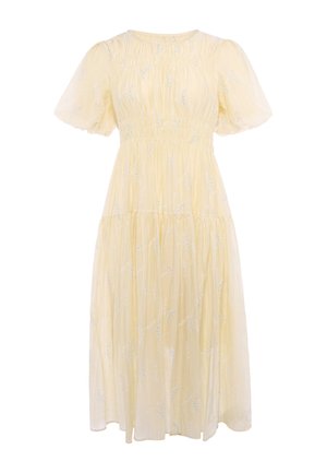 Hellgelbes Midikleid mit Puffärmeln und subtiler Blumenstickerei, mit geraffter Taille und mehrlagigem Rock.