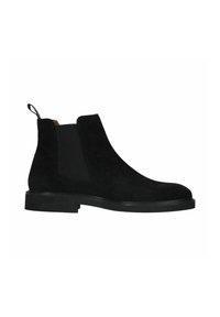 Botte Chelsea en daim noir avec panneaux latéraux élastiques, languette à l'arrière et talon bas empilé.
