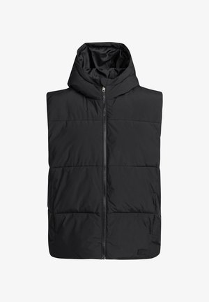 Chaleco acolchado negro con capucha, cremallera frontal y textura acolchada horizontal. Presenta un pequeño logo en la esquina inferior derecha.