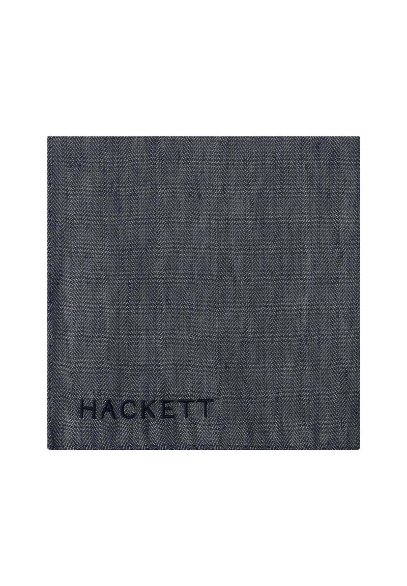 Tessuto navy a motivo a spina di pesce con una sottile texture, con il nome del marchio "HACKETT" ricamato in blu scuro nella parte inferiore.