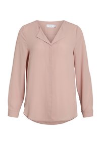 Blusa rosa chiaro a maniche lunghe in tessuto morbido, con scollatura a V, colletto a pieghe leggero e taglio dritto con orlo curvo.