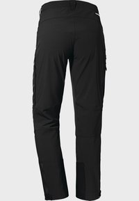 Pantalon d'extérieur noir avec coutures aux genoux, poches latérales zippées et ourlets ajustables aux chevilles, montré de dos sur un fond neutre.