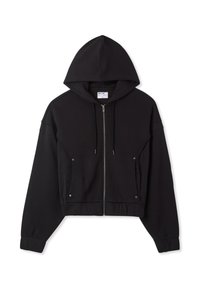 Hoodie nero corto con zip, tasche frontali, cappuccio con coulisse e polsini a costine, appoggiato piatto su uno sfondo bianco.