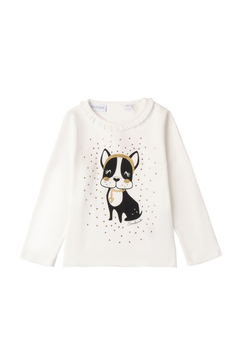 Weißes Langarmhemd mit einer schwarzen und goldenen Hundillustration und Verzierungen. Weicher Stoff mit Rüschenausschnitt und bedruckten Akzenten.