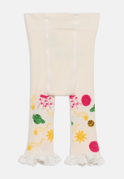 Κρεμ καλσόν παιδικό με βολάν στις μανσέτες, διακοσμημένο με πολύχρωμους κεντημένους πλανήτες, αστέρια και κομήτες.