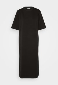 Schwarzes, kurzärmliges Kleid aus weichem Stoff. Verfügt über einen geraden Schnitt, einen Rundhalsausschnitt und seitliche Schlitze für Bewegungsfreiheit.