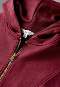 Bordo spalvos užtraukiamas džemperis su auksiniu užtrauktuku, pasižymintis minkšta tekstūra ir gobtuvu. Etiketėje užrašyta „THE SET“, dydis M. Lygi audinio apdaila.