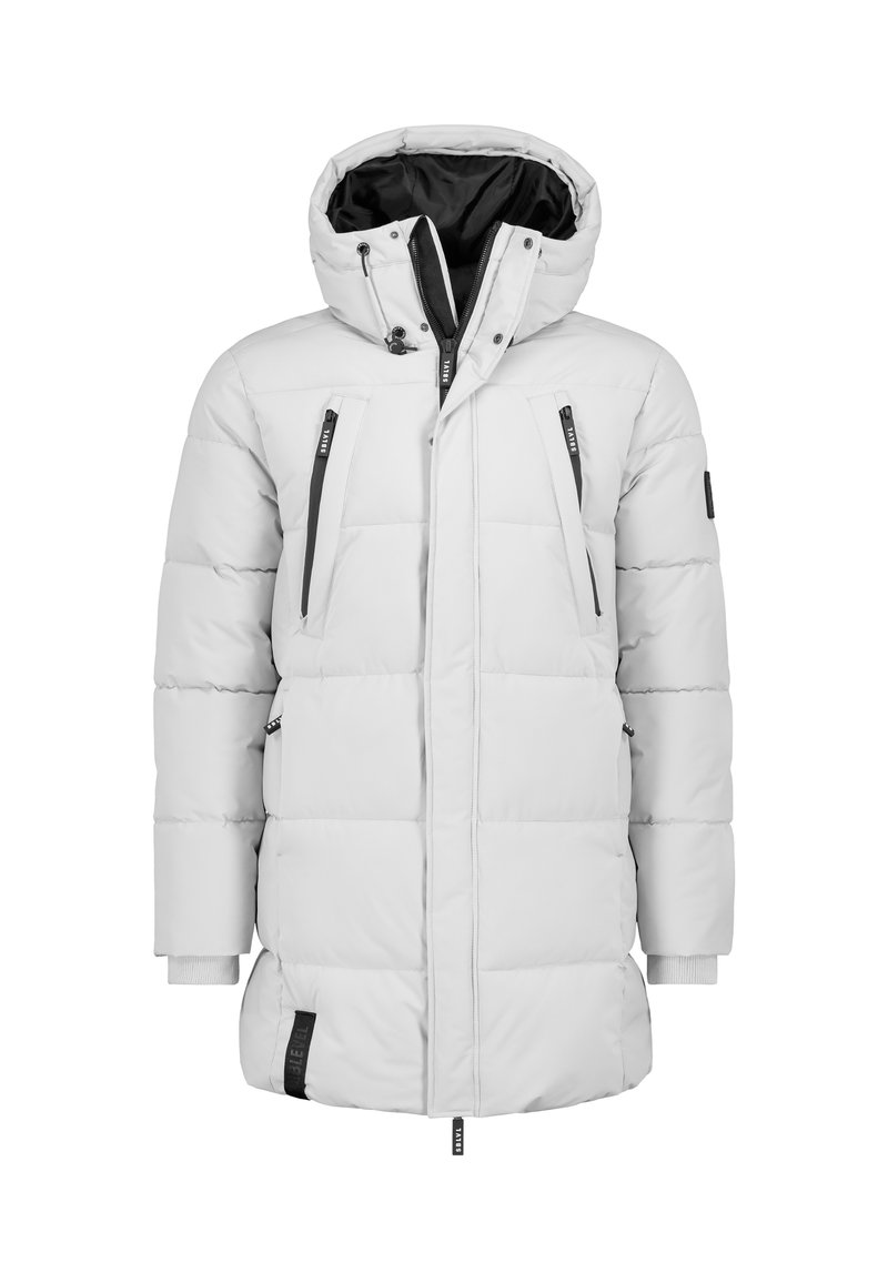 Weiße gepolsterte Parkajacke mit abnehmbarem Kapuzen, Reißverschlusstaschen, gerippten Bündchen und schwarzen Akzenten an Reißverschlüssen und Etiketten.