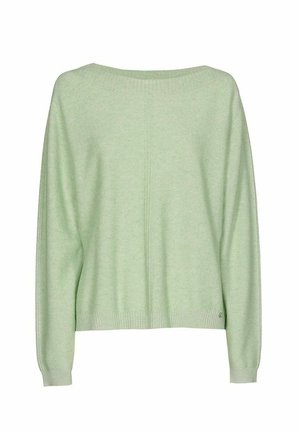 Lichtgroene longsleeve trui met een brede halslijn en geribbelde mouwen en zoom, plat tentoongesteld tegen een witte achtergrond.