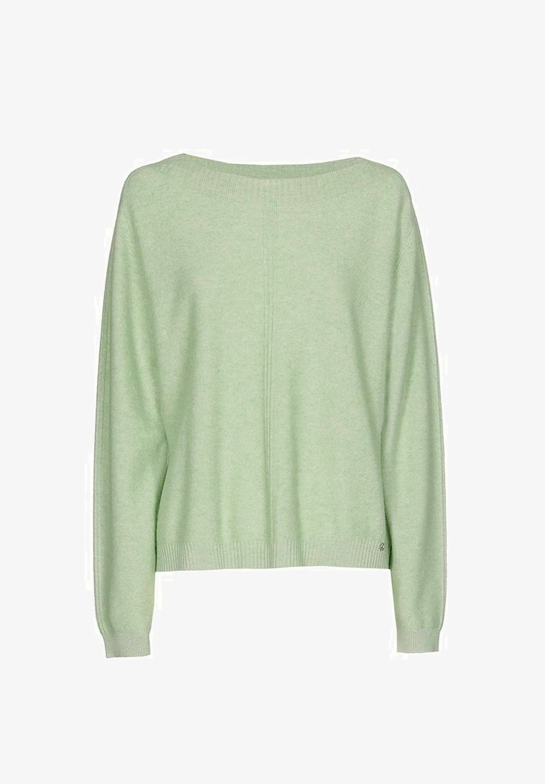 Pull vert clair à manches longues avec un col large et des poignets et un ourlet côtelés, présenté à plat sur un fond blanc.