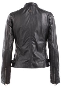 Schwarze Lederjacke mit schickem Design, ausgestattet mit einem Stehkragen, Reißverschluss-Bündchen und glatter Textur. Die Rückseite zeigt vertikale Nähte.