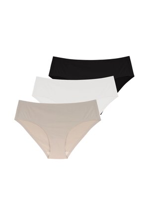 Three pairs of women's hipster panties in black, white, and beige. Made of smooth, stretchy fabric with a simple, seamless design.