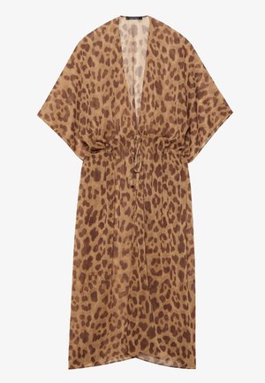 Lāču raksta kimono stila halāts brūnā un bēšā krāsā, viegla auduma, atvērtā priekšpusē, īsām piedurknēm, ar aukliņu jostasvietā un ceļgala garumā.