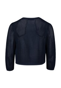 Marineblauer, kurzgeschnittener Cardigan aus Netzstoff mit langen Ärmeln, der einen schlichten Ausschnitt und ein strukturiertes Muster aufweist.