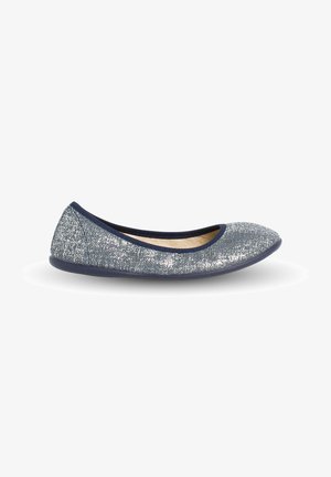 Navy blue ballet flat with a glittery fabric upper, rounded toe, and smooth interior. Features a flexible rubber outsole and contrasting trim.