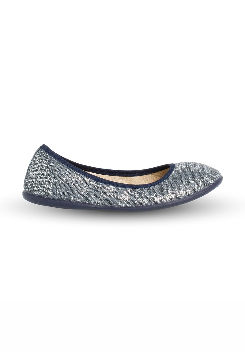 Ballerine blu navy con tomaia in tessuto glitterato, punta arrotondata e interno liscio. Presenta una suola in gomma flessibile e un bordo a contrasto.