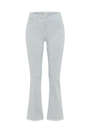 Pantalones acampanados recortados para mujer, de rayas verticales azul claro y blancas, con cierre de botón y cremallera.