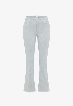 Pantalones acampanados recortados para mujer, de rayas verticales azul claro y blancas, con cierre de botón y cremallera.