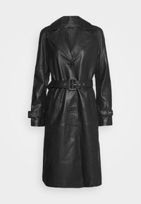 Black leather trench coat featuring a belted waist, large collar, and button closure. Long sleeves with buckle accents. Smooth texture.