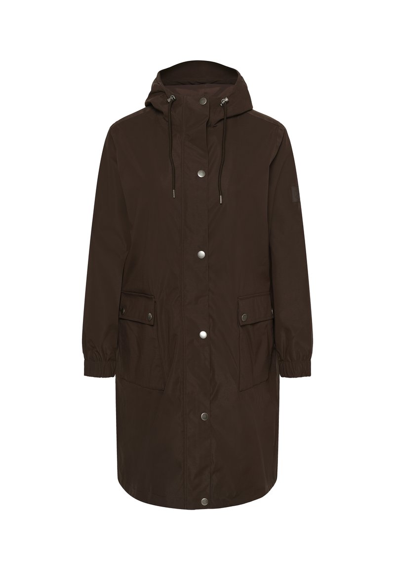 Long imperméable marron foncé à capuche avec boutons-pression à l'avant, capuche à cordon, poignets élastiques et deux poches à rabat au niveau de la taille.