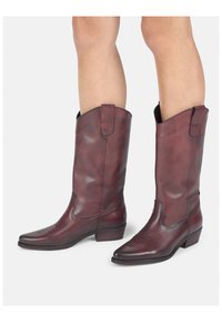 Braune Leder-Cowboystiefel mit einem Design bis zur Mitte der Wade, spitzem Schuhkopf, dekorativen Nähten und kleinen seitlichen Zuglaschen für ein einfaches An- und Ausziehen.