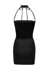Mini abito nero realizzato in tessuto morbido, con design senza spalline e lacci al collo a halter e una silhouette aderente.