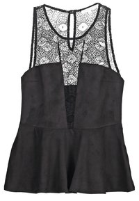 Top peplum negro con un bodice de encaje y un patrón geométrico, parte inferior negra sólida y detalle de apertura en la espalda.
