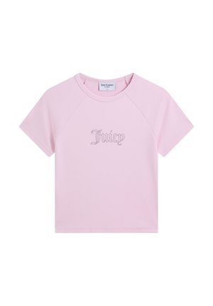 Lichtroze crop-top met korte mouwen, bedrukt met "Juicy" in strassteentjes op de voorkant en een ronde halslijn.