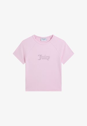 Lichtroze crop-top met korte mouwen, bedrukt met "Juicy" in strassteentjes op de voorkant en een ronde halslijn.