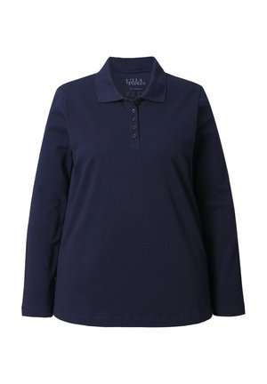 Marine langærmet polo shirt i bomuldsblanding, med klassisk krave, knaplukning og lige kant. Glat tekstur uden mønstre.