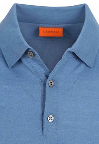 Lichtblauw poloshirt met een gestructureerd gebreid ontwerp, voorzien van een kraag, twee bruine knopen en een oranje label aan de binnenkant van de hals.