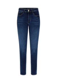 Mörkblå högmidjade skinny jeans med fram- och bakfickor, dubbelknäppt stängning och något blekning på låren.