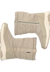 Warme, waterdichte laarzen tot de kuit in beige, voorzien van een geborduurd materiaal, een ritsluiting en een getextureerde rubberen zool voor grip en ondersteuning.