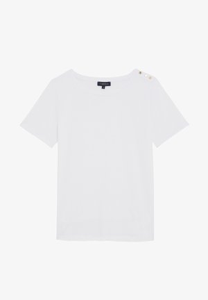Witte T-shirt met korte mouwen en een ronde hals, voorzien van vier decoratieve gouden knopen op de linker schouder. Glad katoenmateriaal.