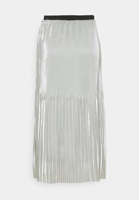 Saia midi plissada prateada com uma cintura elástica preta. Apresenta uma textura metálica brilhante e plissados verticais por todo o tecido.