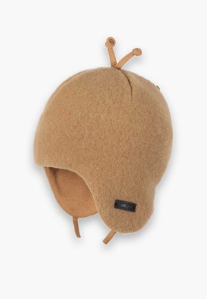 Chapeau en laine marron avec des rabats pour les oreilles, doté d'un intérieur doux, d'un sommet surélevé et de deux antennes en tissu. Étiquette de marque noire attachée.