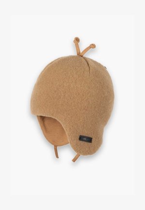 Chapéu de lã castanho com abas para as orelhas, apresentando um interior suave, topo elevado e duas antenas de tecido. Etiqueta de marca preta anexada.
