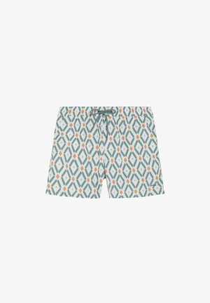 Bañador corto de hombre con patrón geométrico de diamantes en tonos verde azulado, blanco y naranja, y cinturilla con cordón delantero.