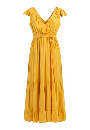 Rochie maxi galbenă cu mâneci bufante, decolteu în V, talie elastică și șnur în talie, având un fustă în mai multe straturi, evazată, cu o textură moale.