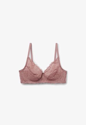 Liliowy stanik koronkowy z falbaniastymi krawędziami, wsparciem w postaci fiszbin i delikatnymi regulowanymi ramiączkami. Teksturowany materiał ozdobiony jest kwiatowym wzorem.