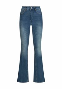 Jean en denim bleu taille haute avec légère évasement en bas, bouton à l'avant, fermeture éclair et design classique à cinq poches.