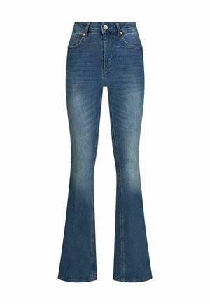 Modré džíny s vysokým pasem, mírně rozšířené dole, s předním zapínáním na knoflíky, zipem a klasickým designem s pěti kapsami.