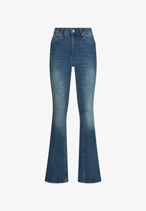 Modré džíny s vysokým pasem, mírně rozšířené dole, s předním zapínáním na knoflíky, zipem a klasickým designem s pěti kapsami.