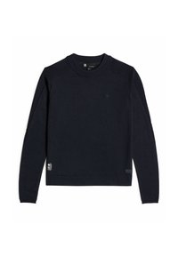 Maglione blu navy realizzato in maglia, con colletto rotondo, maniche lunghe, delicato dettaglio del logo e orlo dritto.