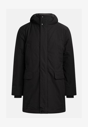 Black long winter parka with hood, front zipper and button closure, two chest pockets, and two flap pockets at waist.