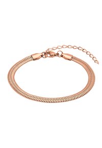 Bracciale in oro rosa con un design a maglie flessibili e un moschettone. Presenta una catena regolabile per una versatilità nelle misure. Texture liscia.