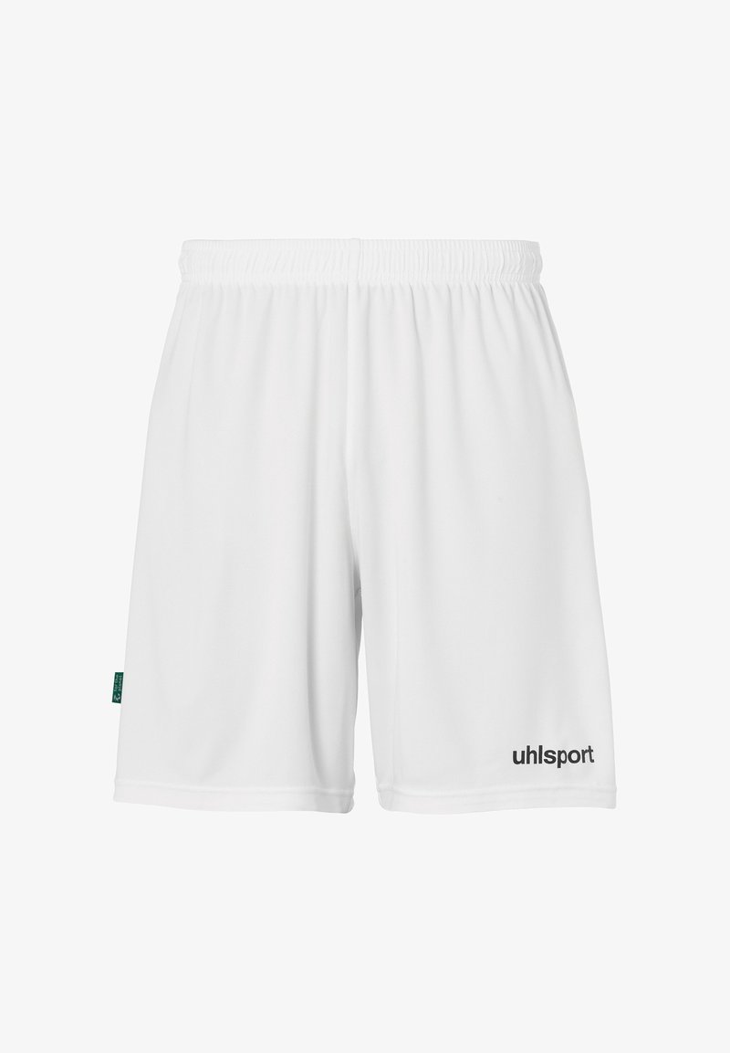Witte sportshorts gemaakt van lichtgewicht stof, met een elastische tailleband en het "uhlsport" logo in zwart aan de onderzijde rechts.