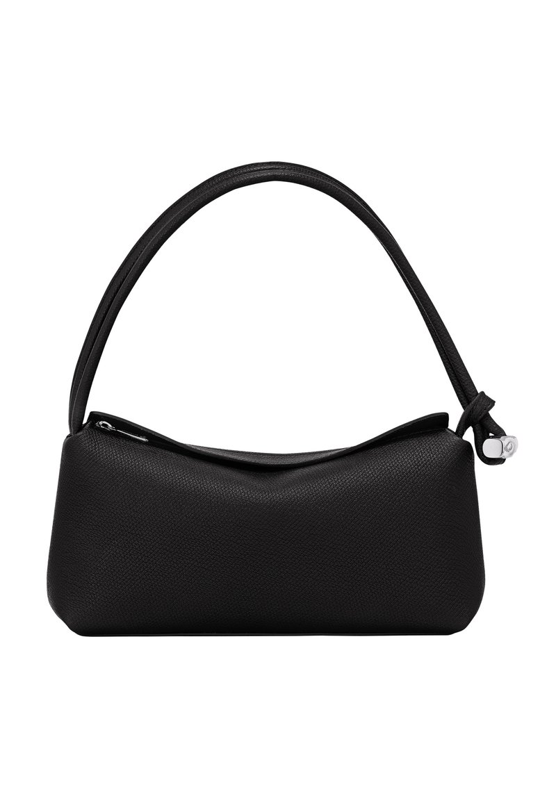 Schwarze Lederhandtasche mit glatter, genarbter Textur. Verfügt über einen geschwungenen Griff und einen Reißverschluss oben. Minimalistisches Design.