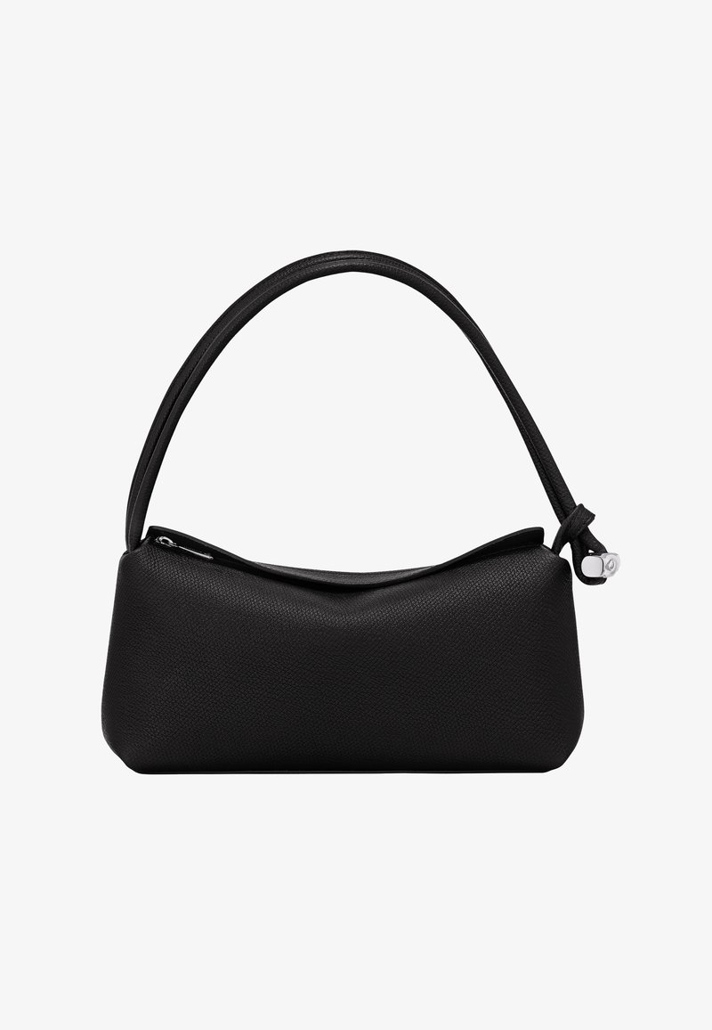 Schwarze Lederhandtasche mit glatter, genarbter Textur. Verfügt über einen geschwungenen Griff und einen Reißverschluss oben. Minimalistisches Design.