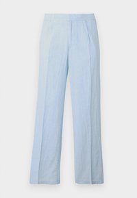 Light blue, wide-leg trousers in soft fabric with a ribbed texture and an elastic waistband, featuring front pleats and a relaxed fit.